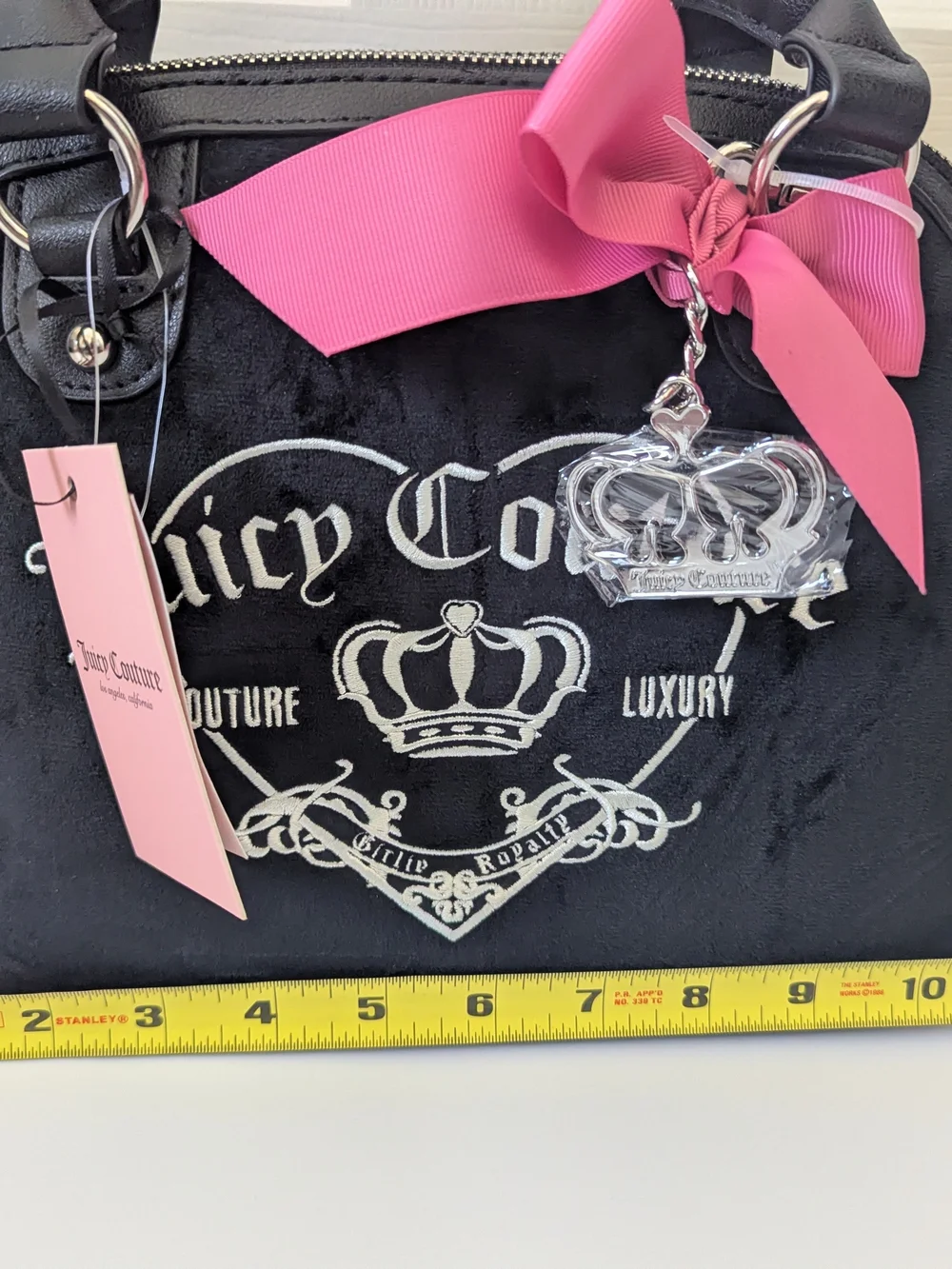 Juicy Couture Black Velvet Dome Satchel with Pink Bow Crown Charm Girlie Royalty